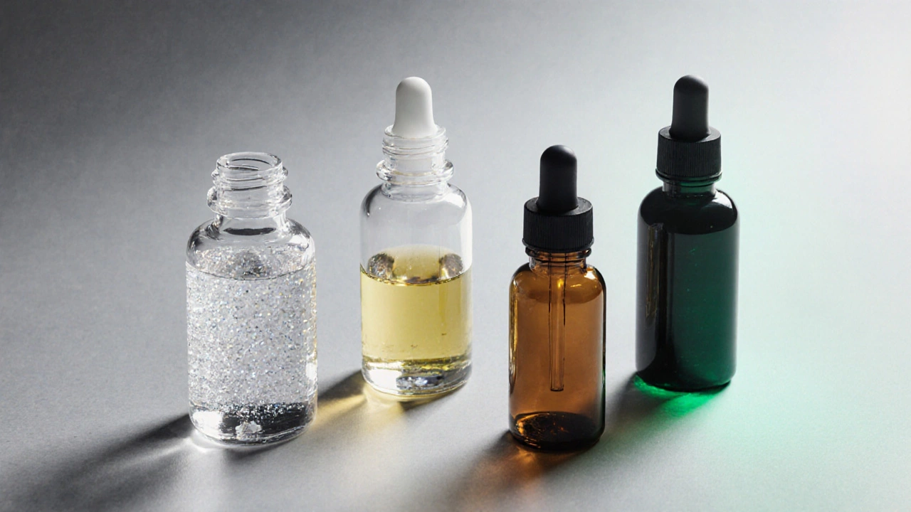 Čtyři vzorky lepidel: čiré, žluté, poloprůhledné a fluorescenční pod UV světlem.