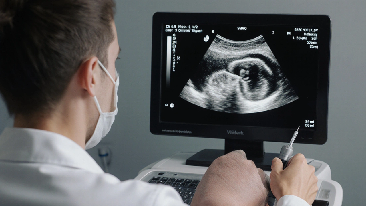 Doktor provádí ultrazvuk štítné žlázy a připravuje aspiraci jehly.