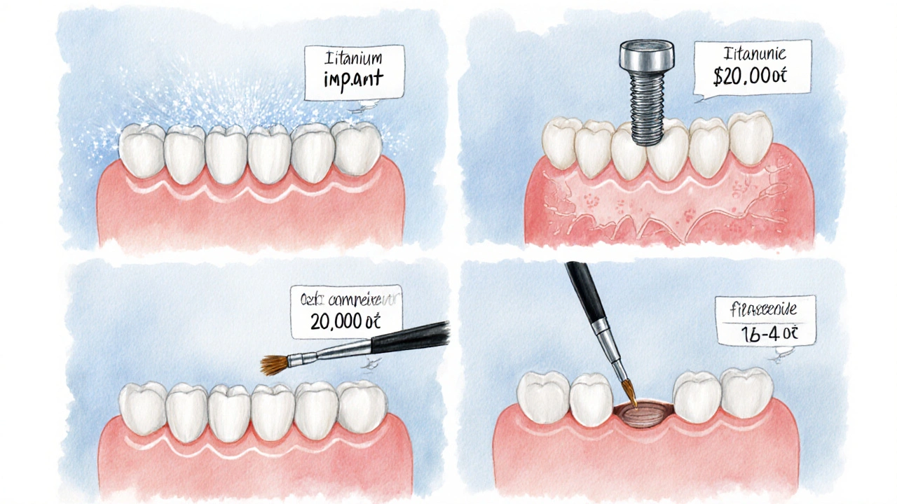 Ilustrace různých dentálních procedur – korunka, implantát, fazeta a výplň – s cenovými údaji.