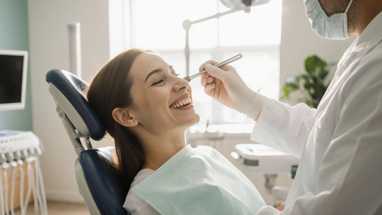 Spokojený pacient ukazuje zářivý úsměv po rekonstrukci zubů v moderní klinice.