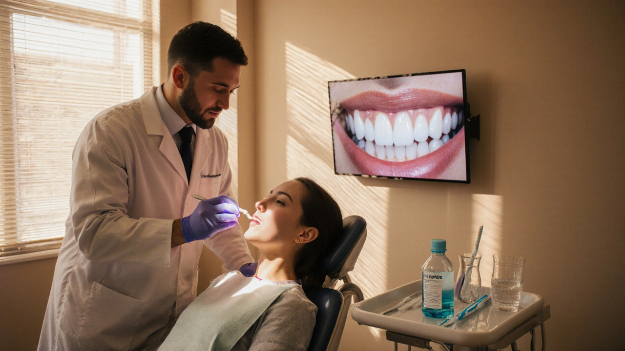 Zubař aplikuje fluoride na zuby pacienta v moderní ordinaci, vedle jsou mezizubní kartáčky a ústní voda.