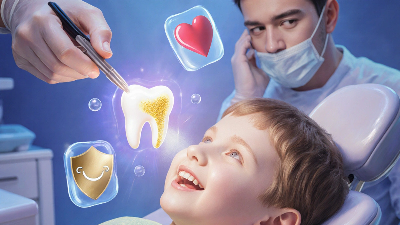 Child receiving a composite filling in a back molar with symbolic icons of protection and smile.