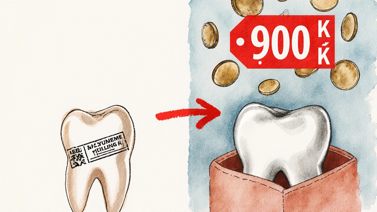 Comparison of white composite filling on front tooth and silver amalgam on back tooth with cost indicator.