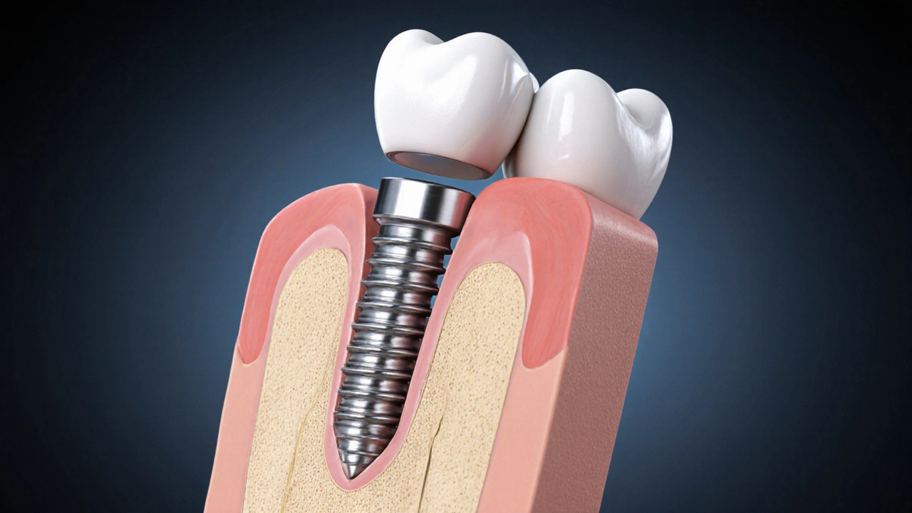 Cross-section of jawbone showing titanium implant fused with bone and ceramic crown on top.