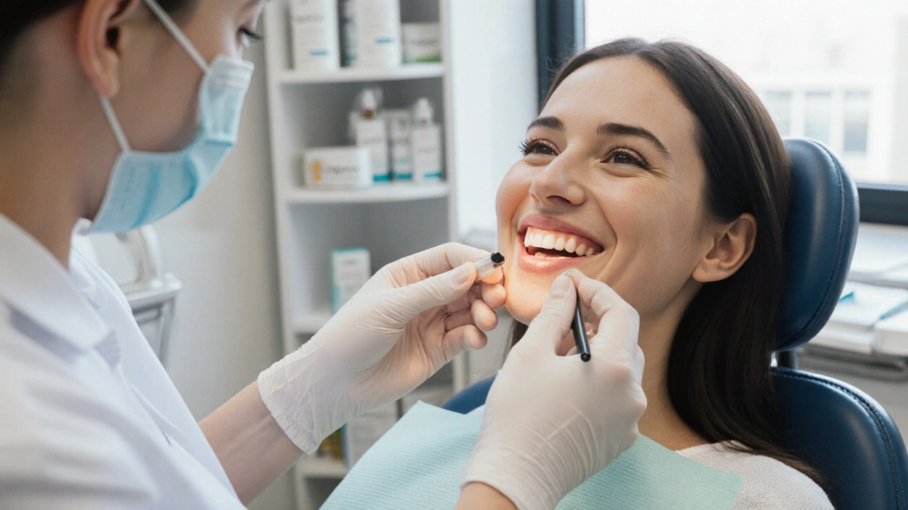 Dentista aplikuje hydroxyapatitový nátěr na zuby, zpevňující mikropraskliny
