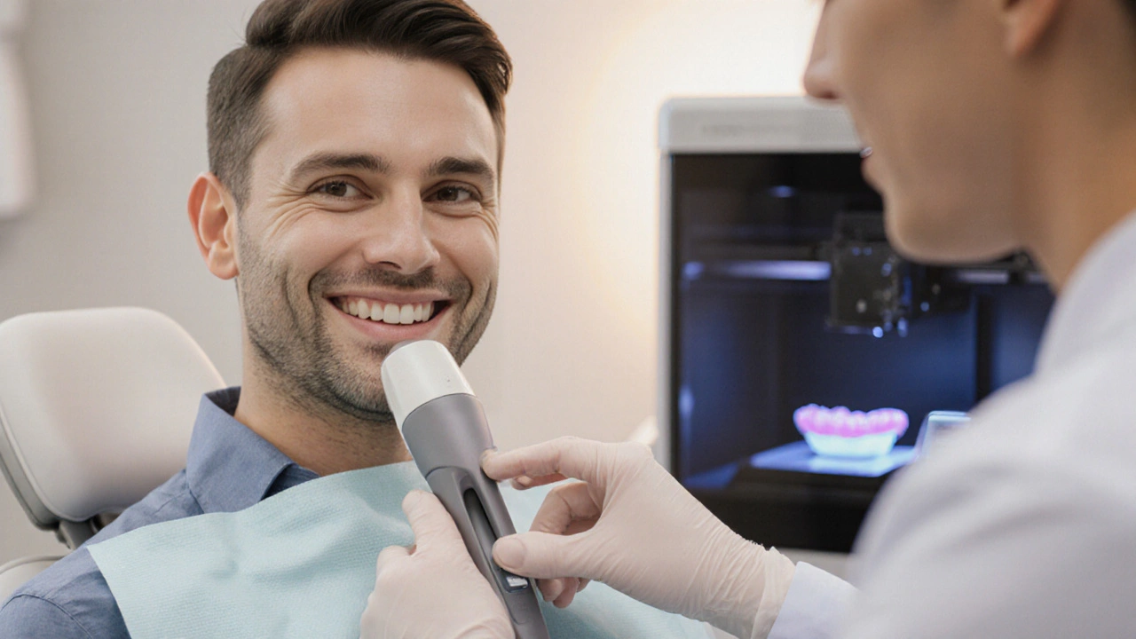 Dentista používá digitální skener na zub s keramickou korunkou v moderní ordinaci.