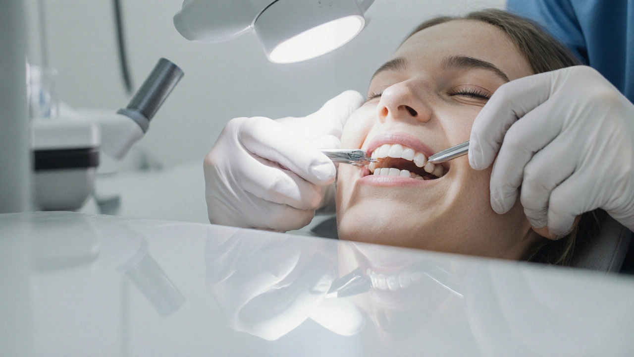 Dentista upravuje keramickou korunku v klinice.