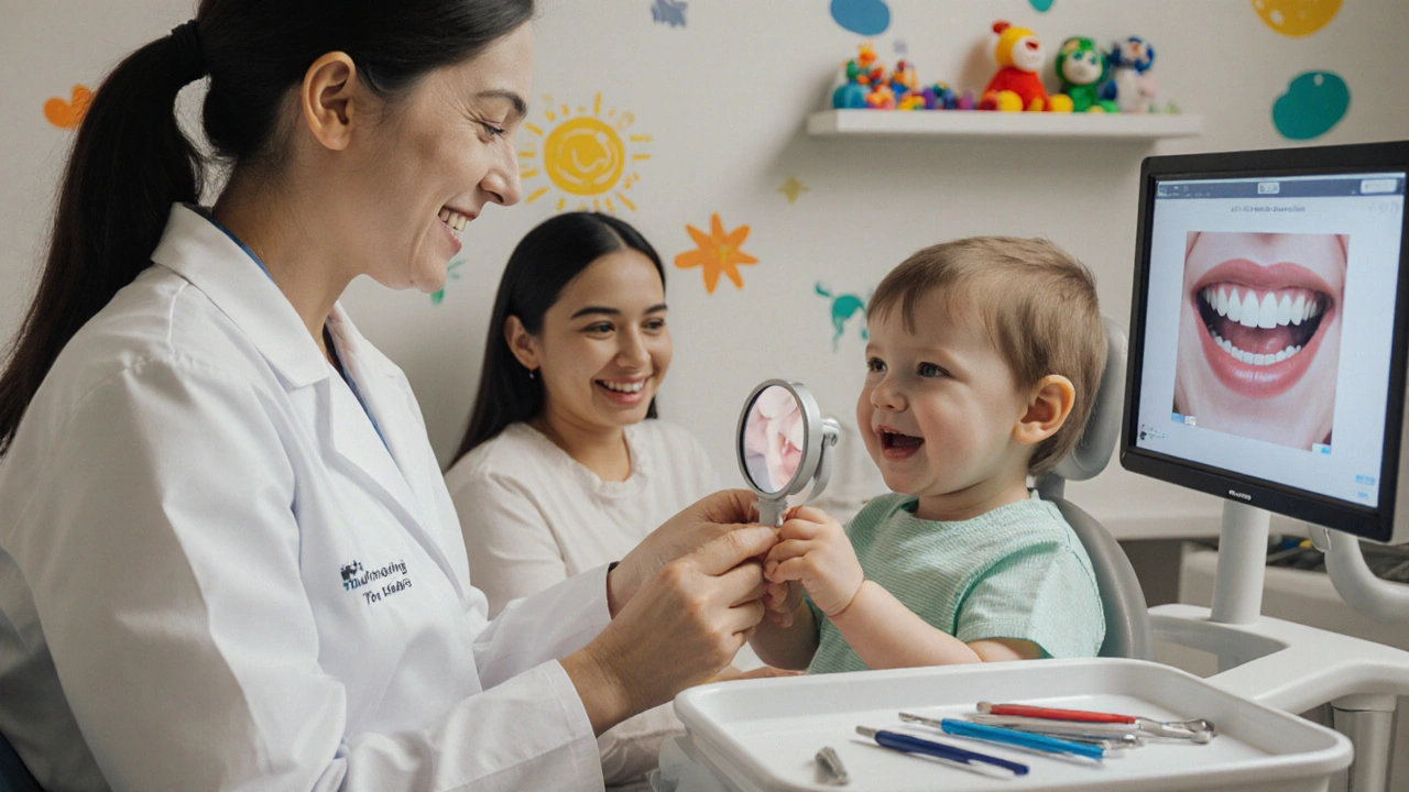 Dentistka uklidňuje dítě během prvního vyšetření v dětské zubní ordinaci.