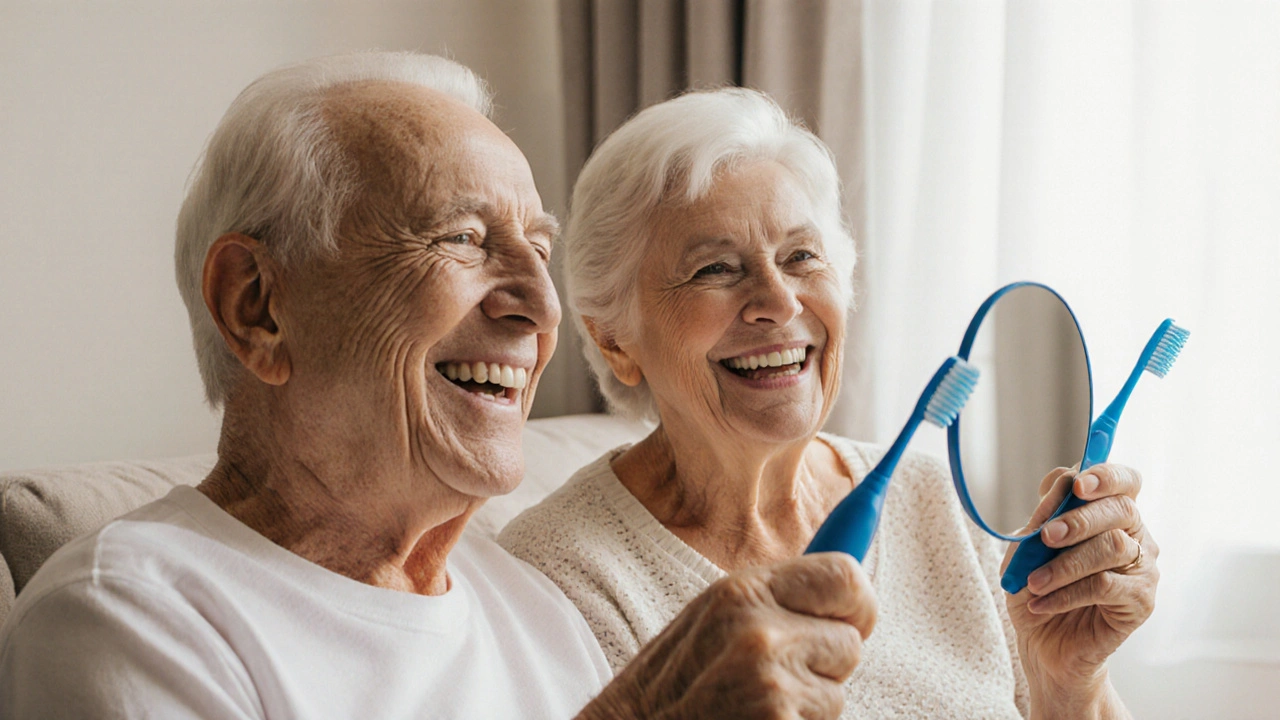 Elderly couple smiling with their new dental implants, holding a mirror to show their restored smile.