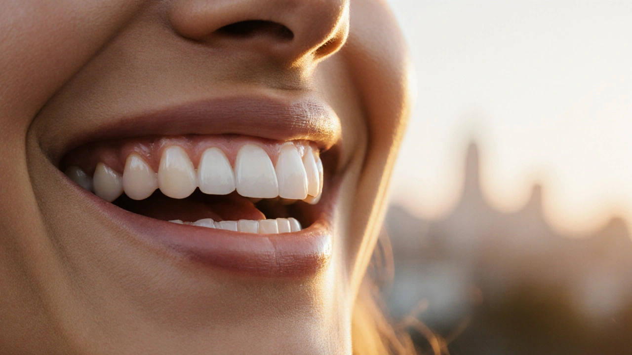 Person laughing with a natural, flawless smile showing restored front teeth.