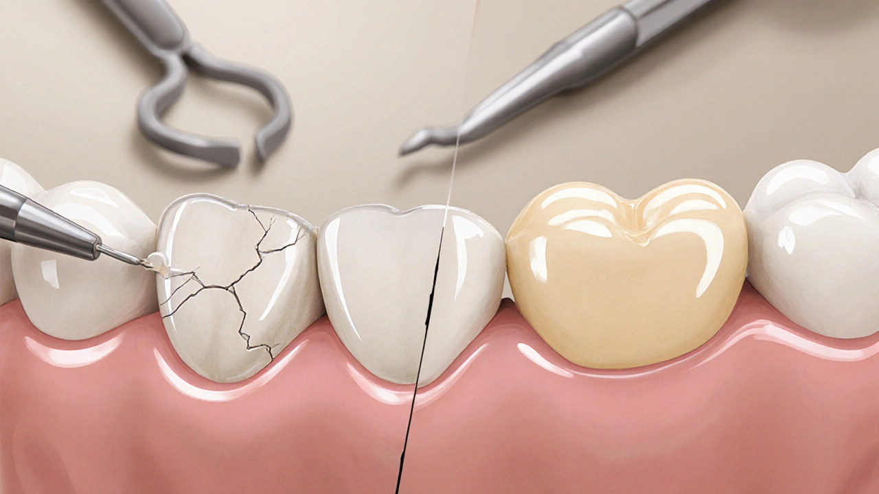 Side-by-side comparison of damaged tooth and restored tooth with ceramic veneer.
