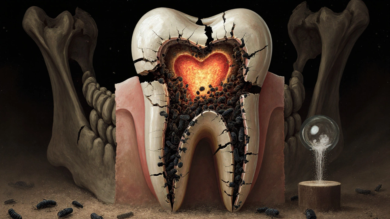 Symbolická ilustrace zubu jako hradu pod útokem bakterií s hnisem u kořene.