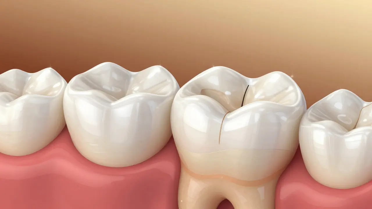 Cross-section of a ceramic inlay perfectly sealed within a molar.