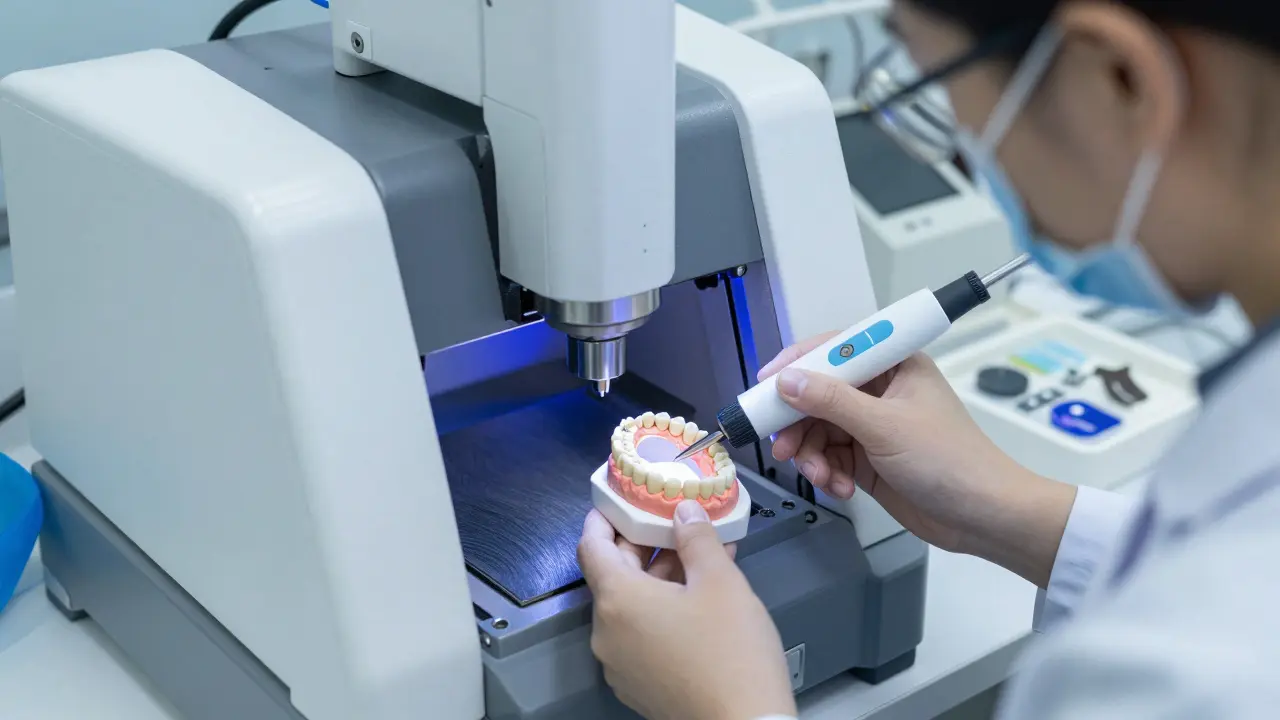 Dental technician using digital scanner and milling machine to create a composite onlay in a lab.