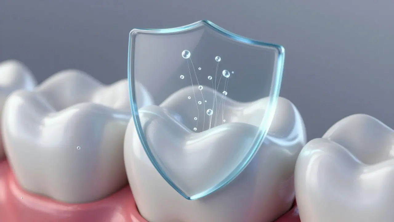 Fluoride ions slowly repairing exposed tooth dentin from within.