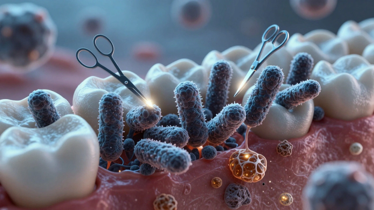 Konceptuální obrázek enzymů rozkládajících bakteriální biofilm pod dásní