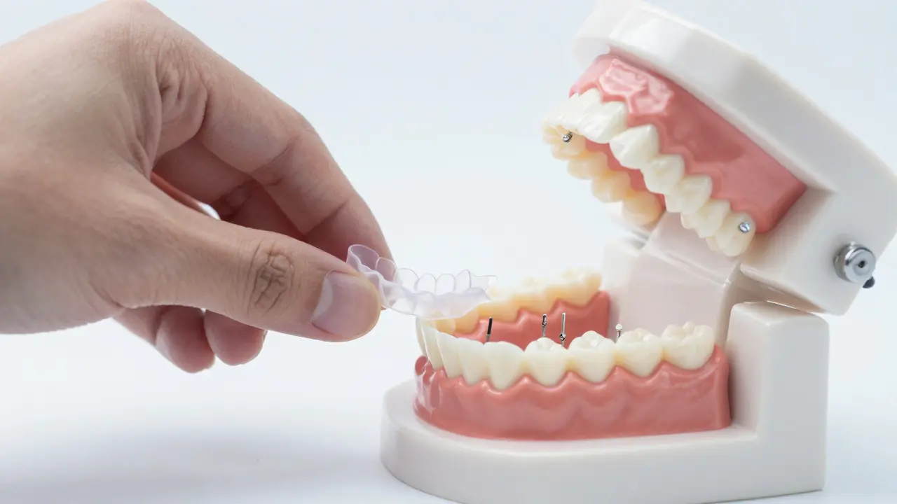 Nasazovací zuby na modelu čelisti s viditelnou ztrátou kosti a implantáty.