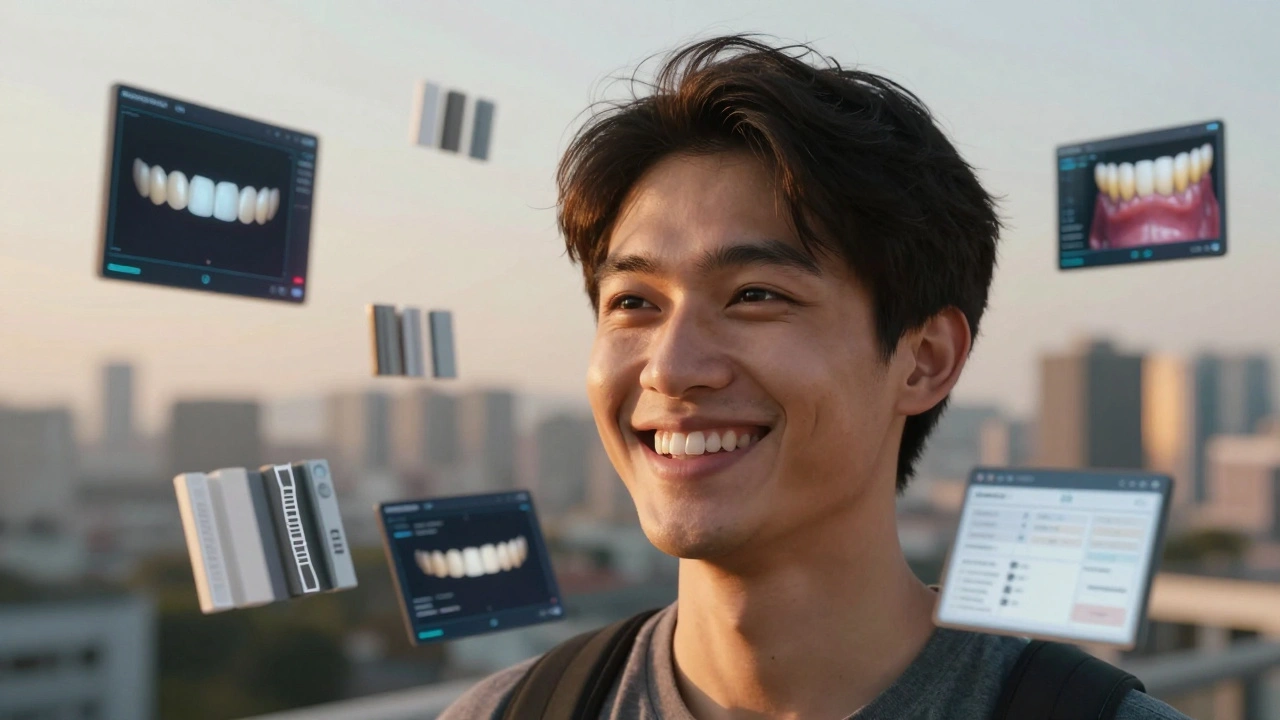 Person smiling confidently with naturally glowing ceramic veneers in urban setting.
