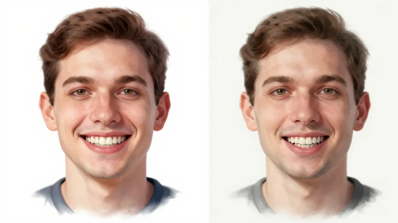 Porovnání vzhledu tváře s a bez nasazovacích zubů po letech.