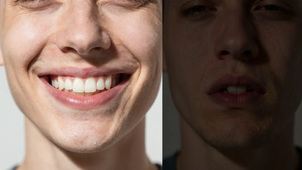 Porovnání zdravých a poškozených zubů a dásní – prevence vs. zanedbání.
