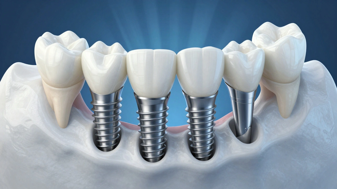 Příčný řez čelistí s implantáty a hybridní zubní náhradou z keramiky e-max.