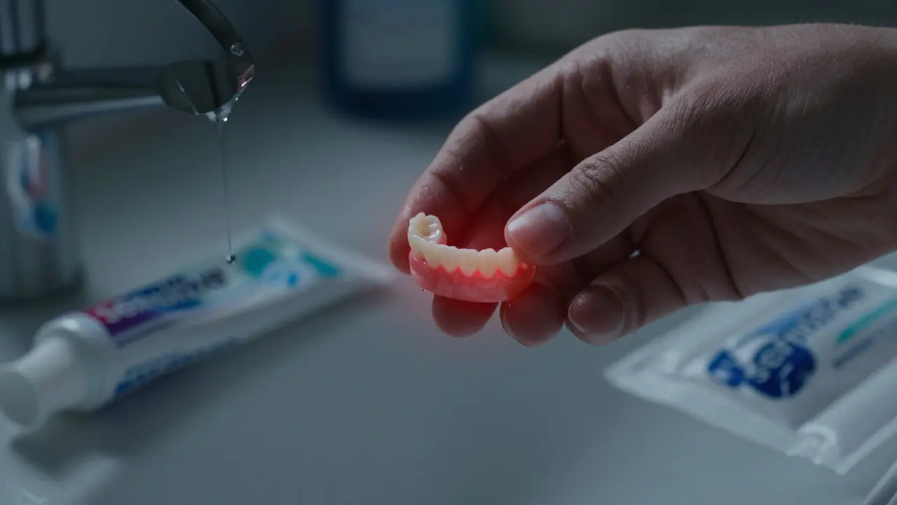 Temporary dental crown with symbols of pain relief: saltwater rinse, sensitive toothpaste, and ice pack.