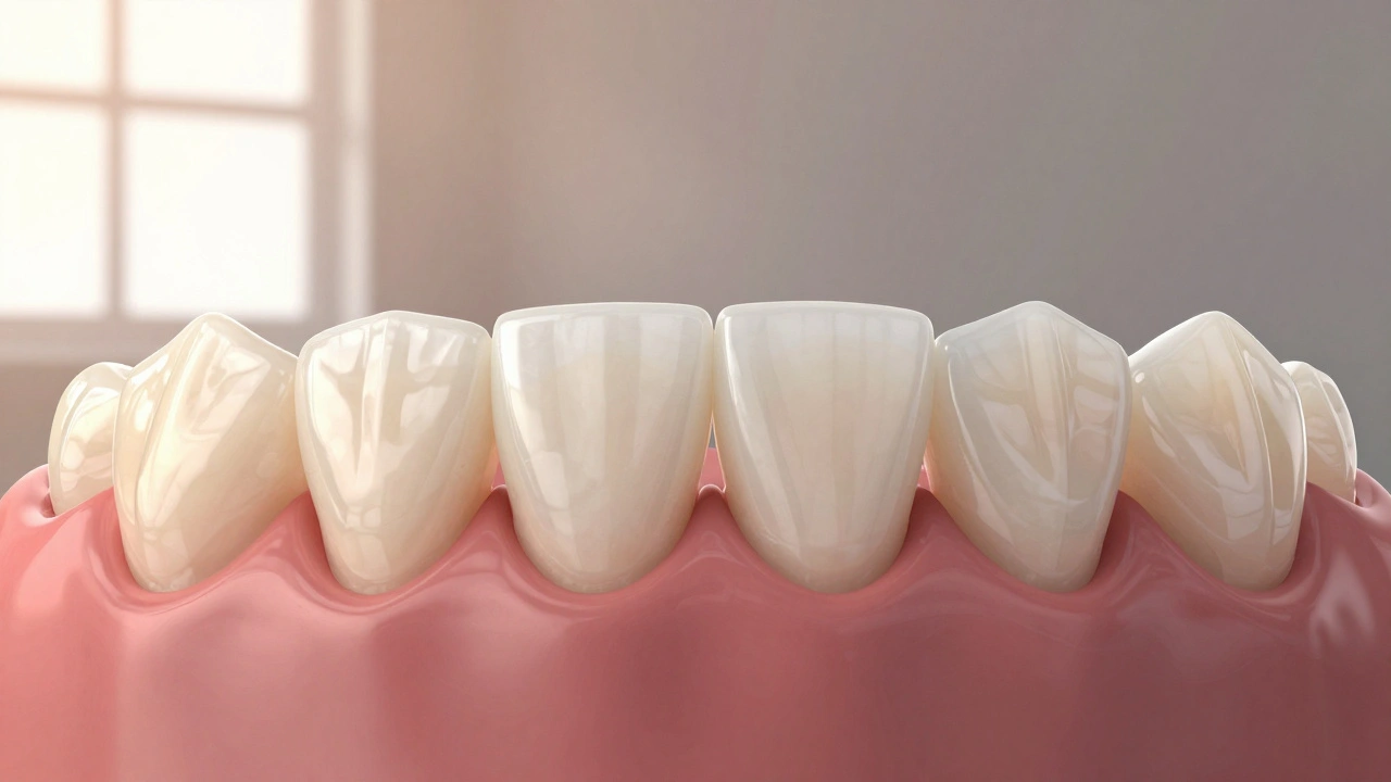 Ultra-thin ceramic veneers bonded to natural teeth with realistic light transmission.