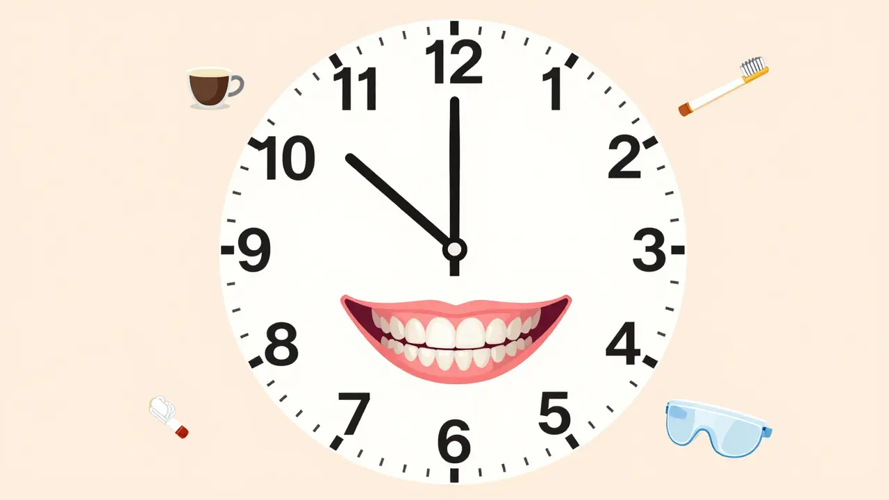 Clock face over a smile with price tags and lifestyle icons indicating factors affecting composite veneer durability.