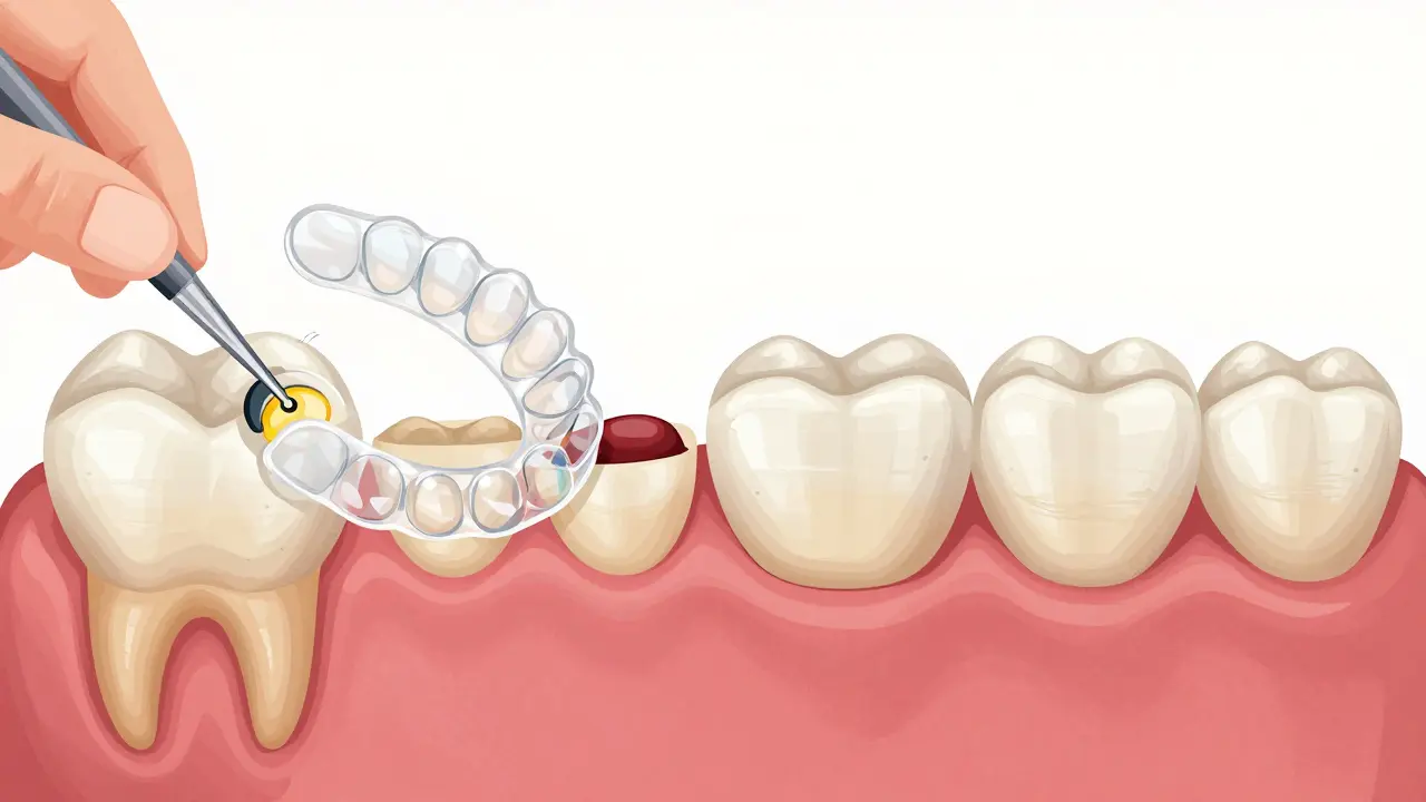 Čtyři zubní léčebné metody: plomba, ortodoncie, keramická vložka a korunka.