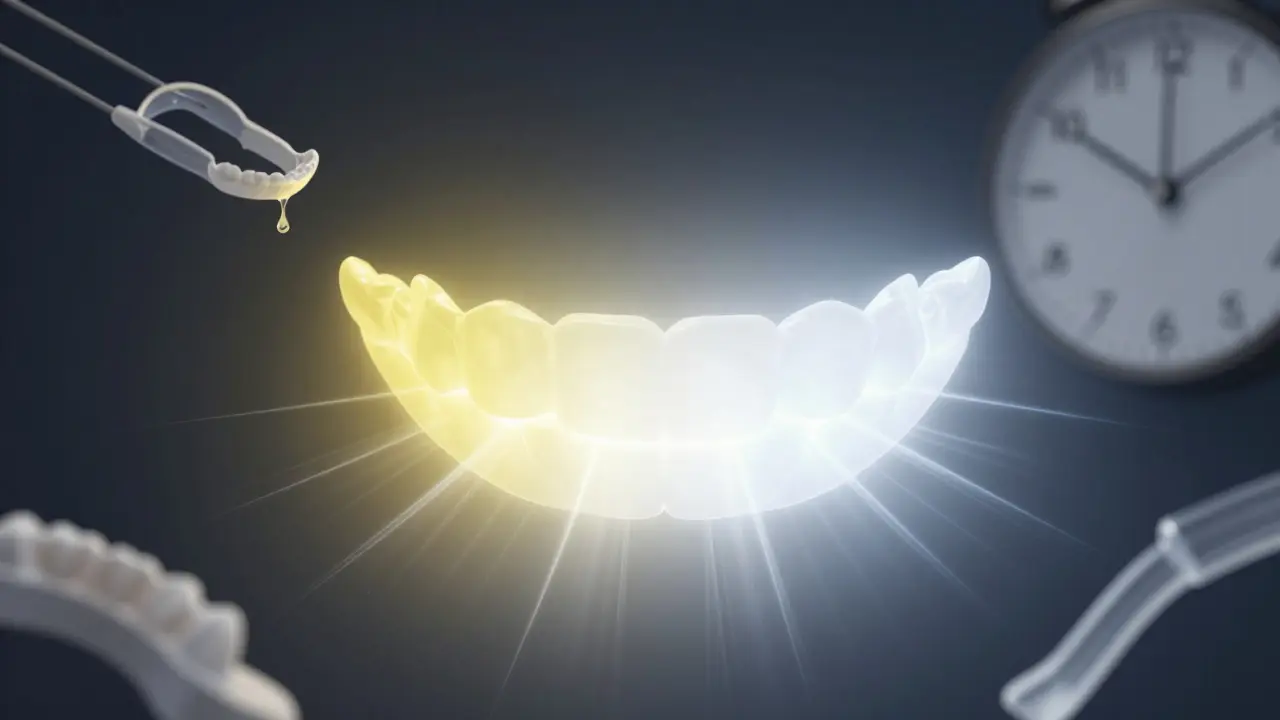Konceptuální obrázek transformace zubů z žlutých na bílé pomocí světelného efektu.