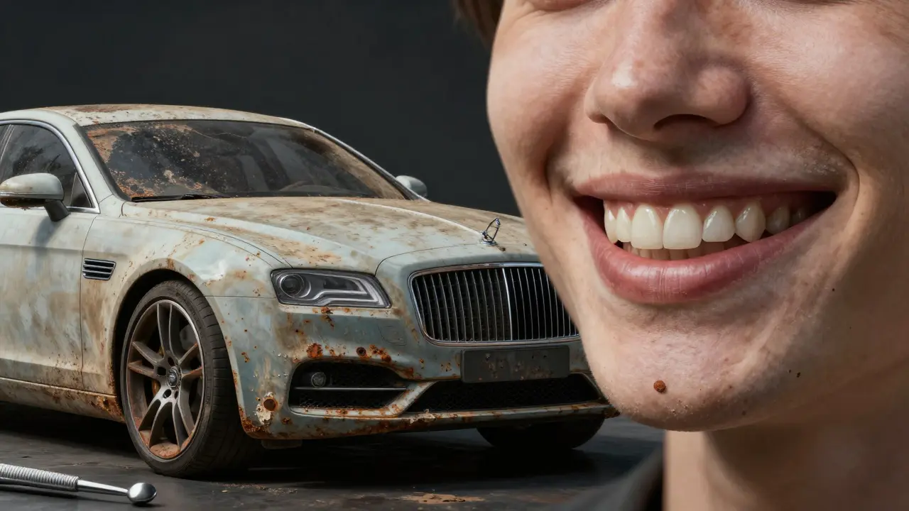 Porovnání zanedbaných fazet a auta s keramickým povrchem pod špínou.