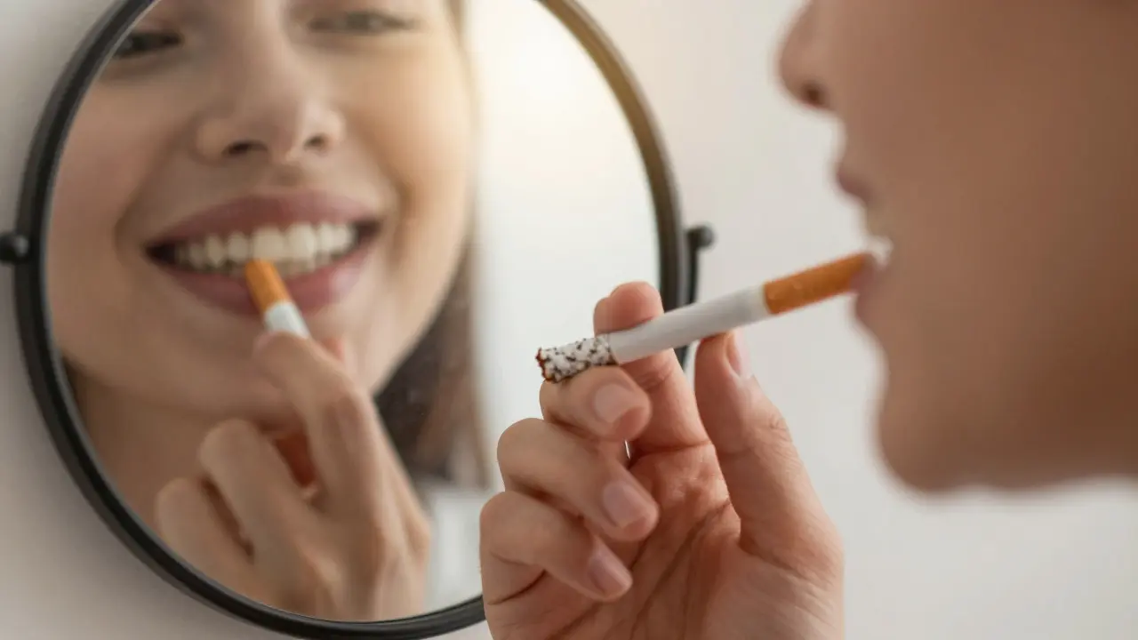 Rukou držící cigaretu vedle zrcadla, kde se v odrazu ukazuje čistý a tmavě zbarvený úsměv současně.