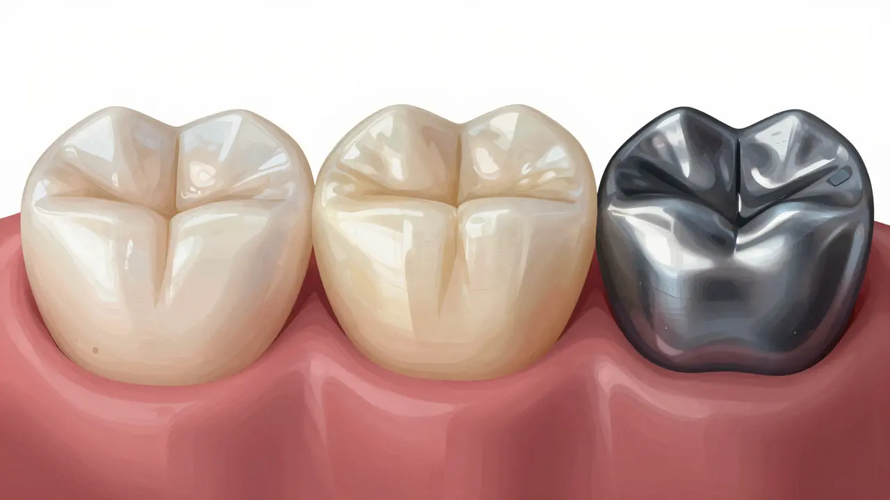 Side-by-side comparison of Deflex, standard composite, and amalgam dental restorations.
