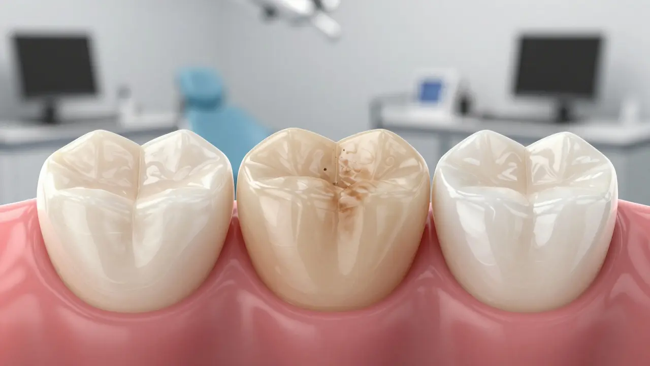Three front teeth showing natural, stained, and restored composite veneers side by side.