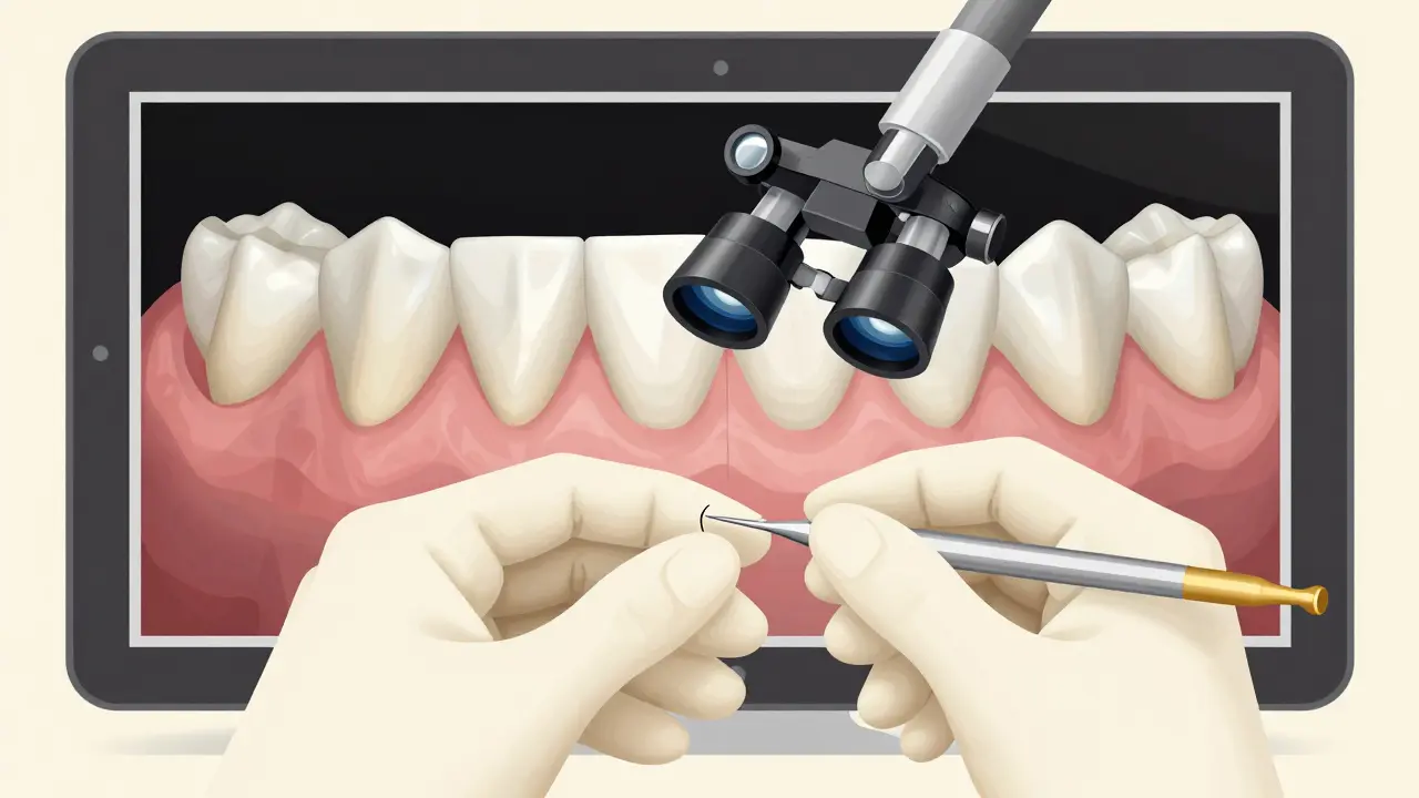 Dentista aplikuje keramické výlisky na přední zuby pod zvětšovacím zařízením.
