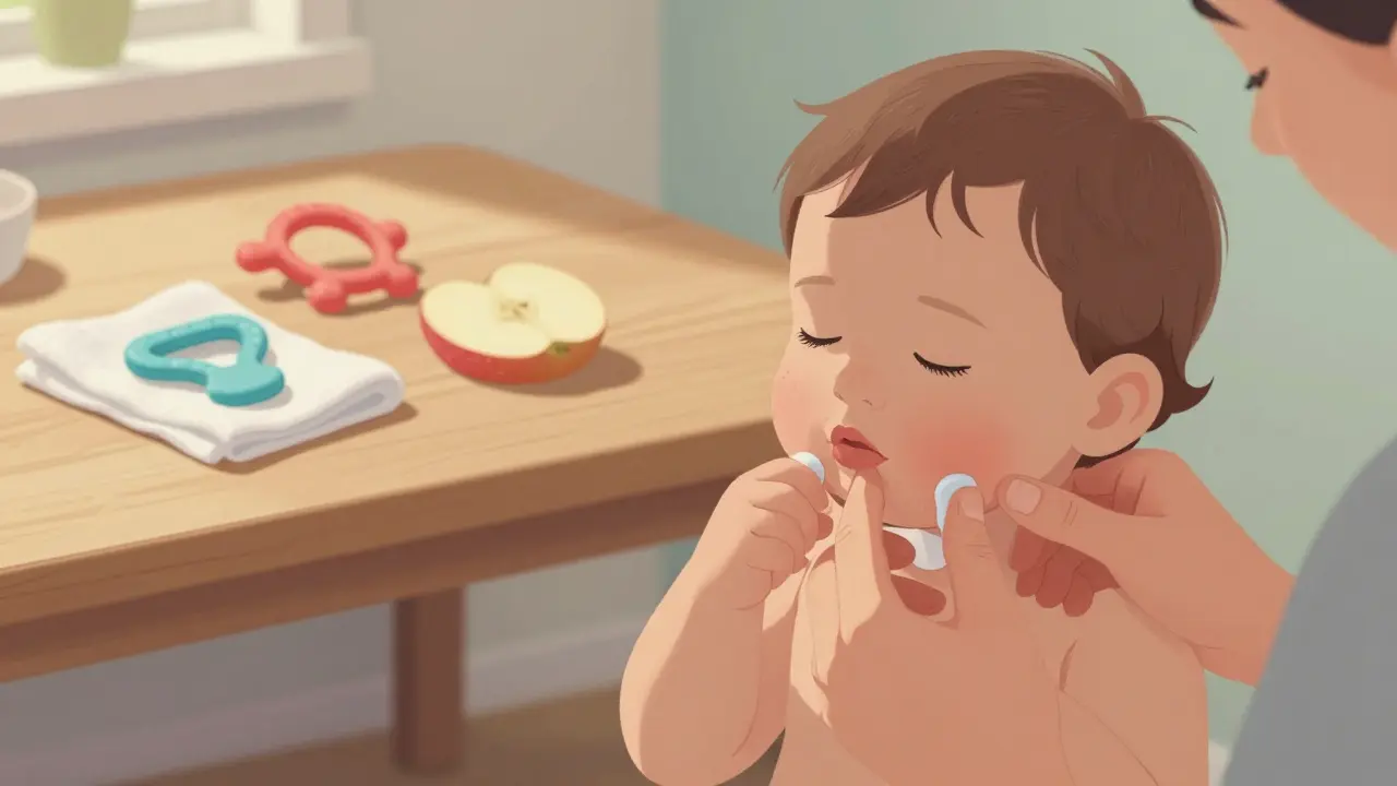 Rodič jemně masíruje dásně dítěte, zatímco na stole leží chladné teething pomůcky.