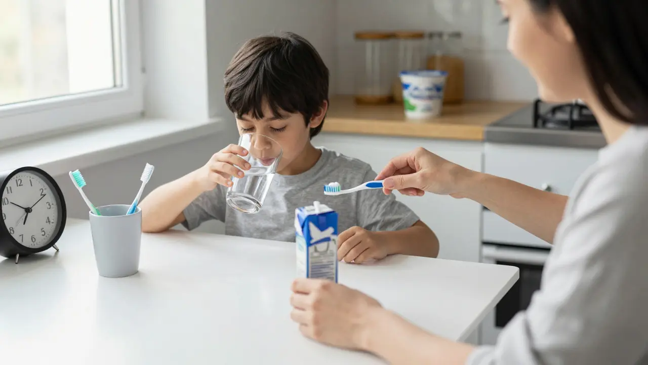 Rodiče dbají na zubní hygienu dítěte doma – pije vodu a má vlastní štětec.