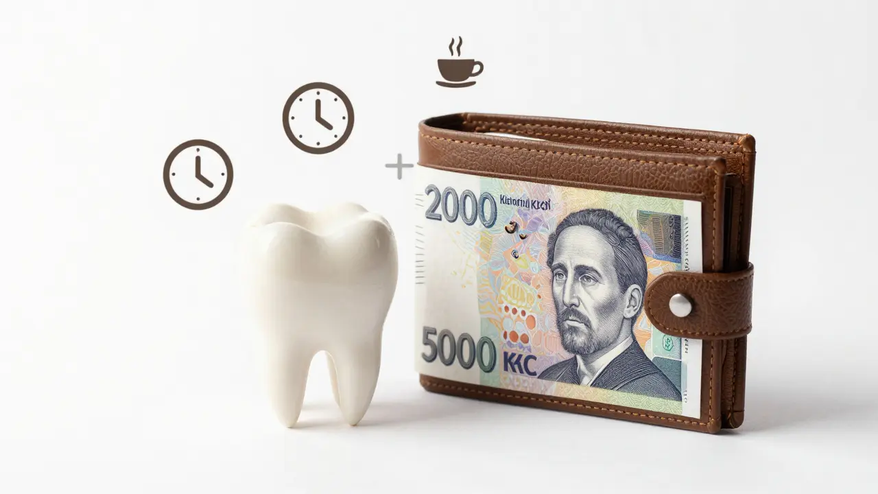 Wallet with Czech koruna and composite veneer tooth with icons