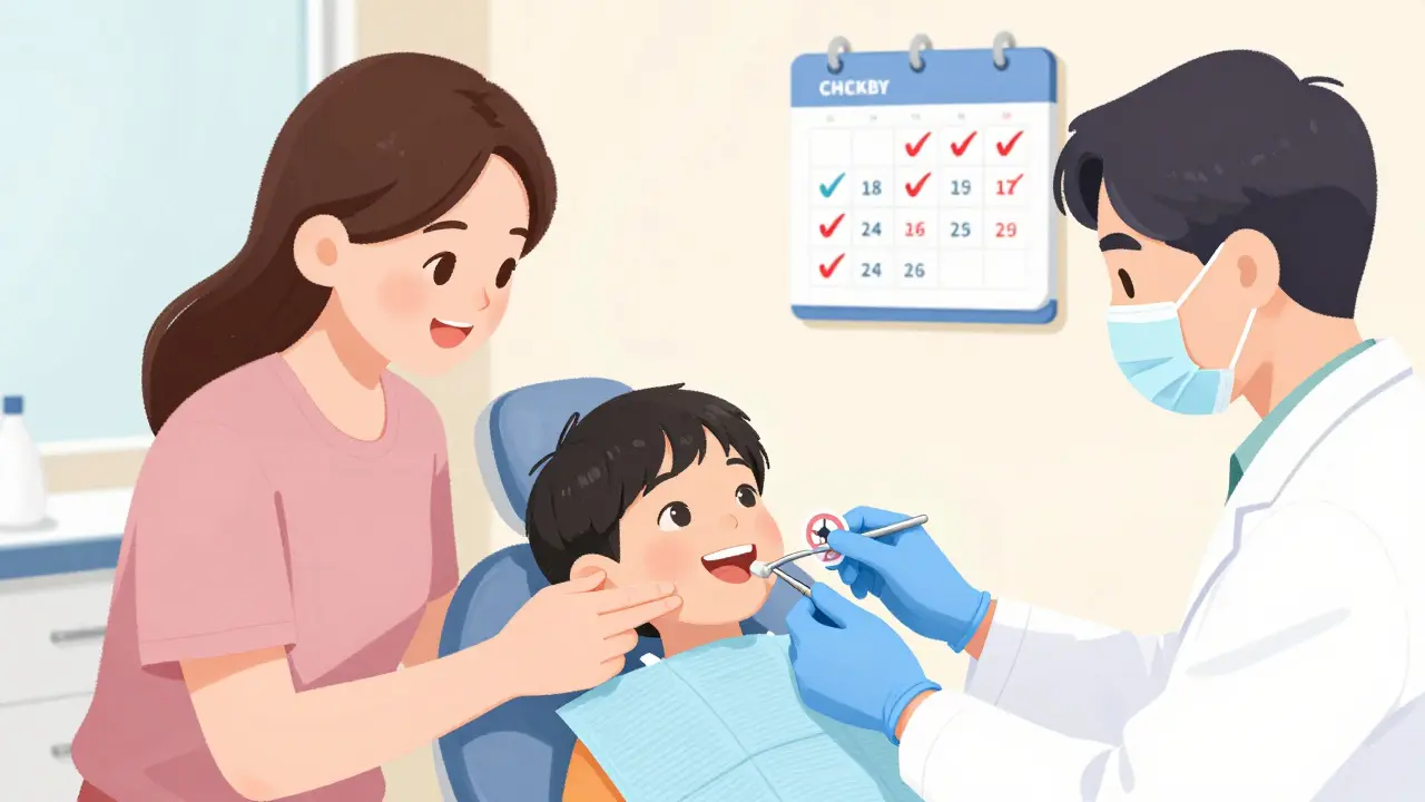 Child smiling after teeth sanding with parent and dentist in a friendly dental office setting.