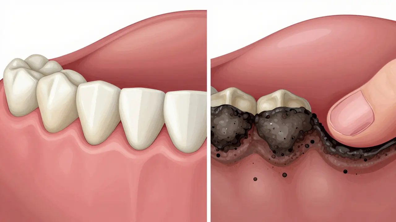 Contrast between healthy teeth and gums versus teeth with heavy tartar buildup and inflamed gums.