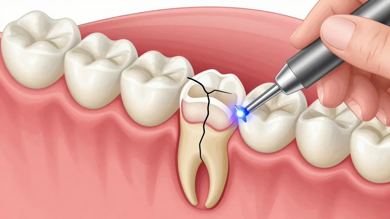 Cross-section of a tooth showing composite restoration being bonded to a cracked enamel surface.