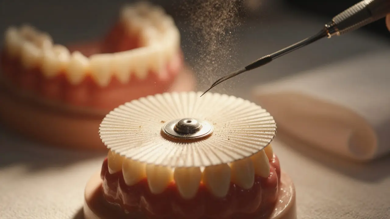 Dental polishing disk gently smoothing tooth surface with microscopic enamel particles.