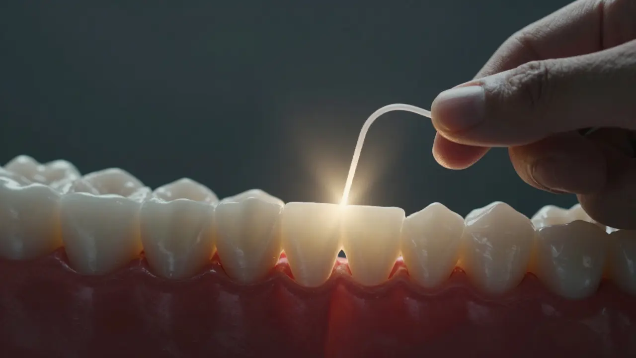 Dentalní nit mezi zuby s viditelným světlem symbolizujícím pronikání fluoru.