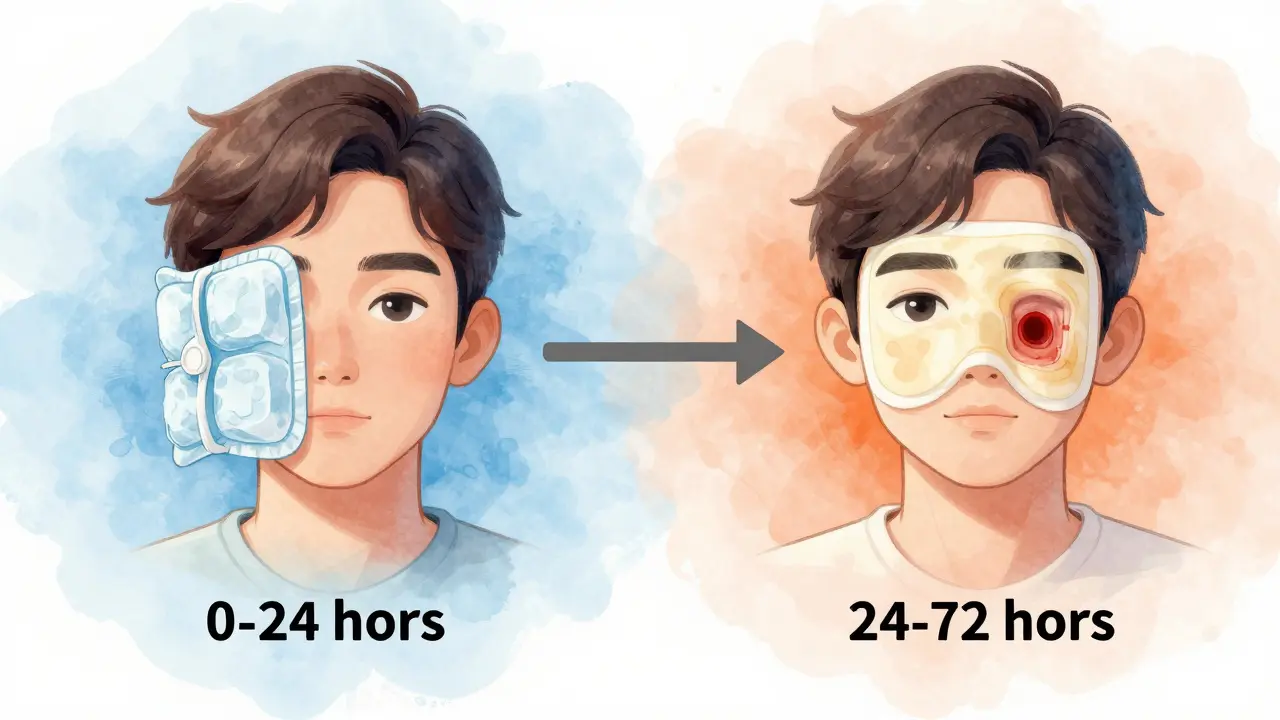 Ilustrace přechodu od chladu k teplu po vytažení zubu v čase 24 hodin.