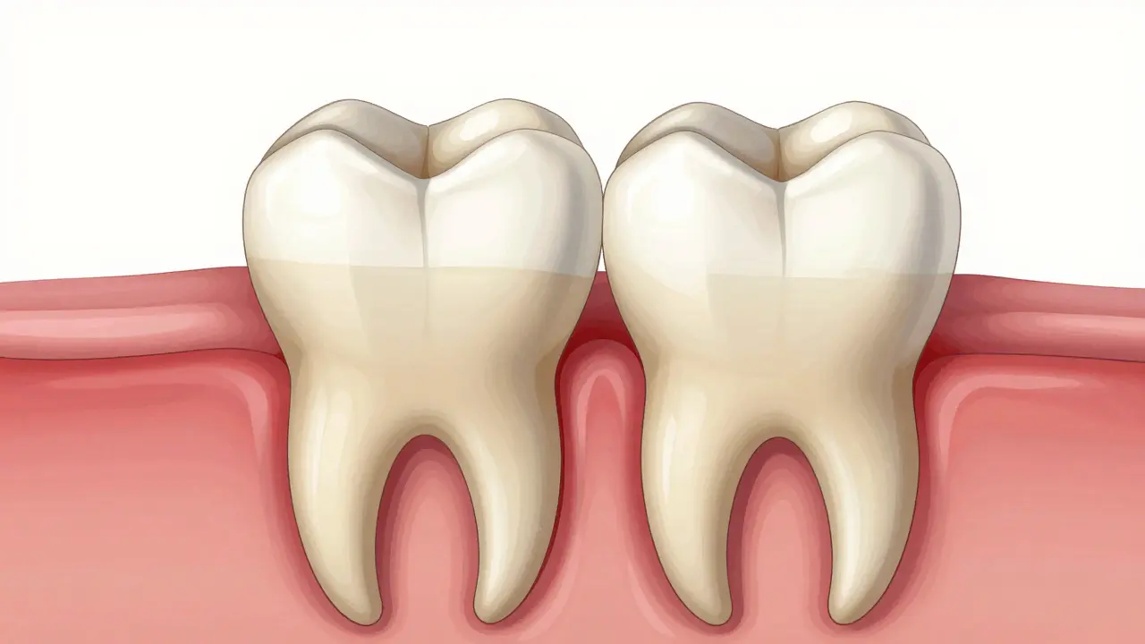 Magnified view of uneven tooth enamel wear and exposed dentin from bruxism.