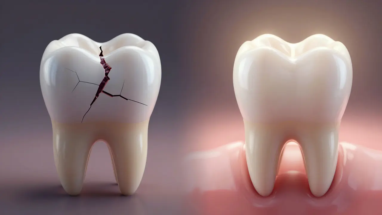 Split image: damaged tooth with infection vs. restored tooth with natural appearance.