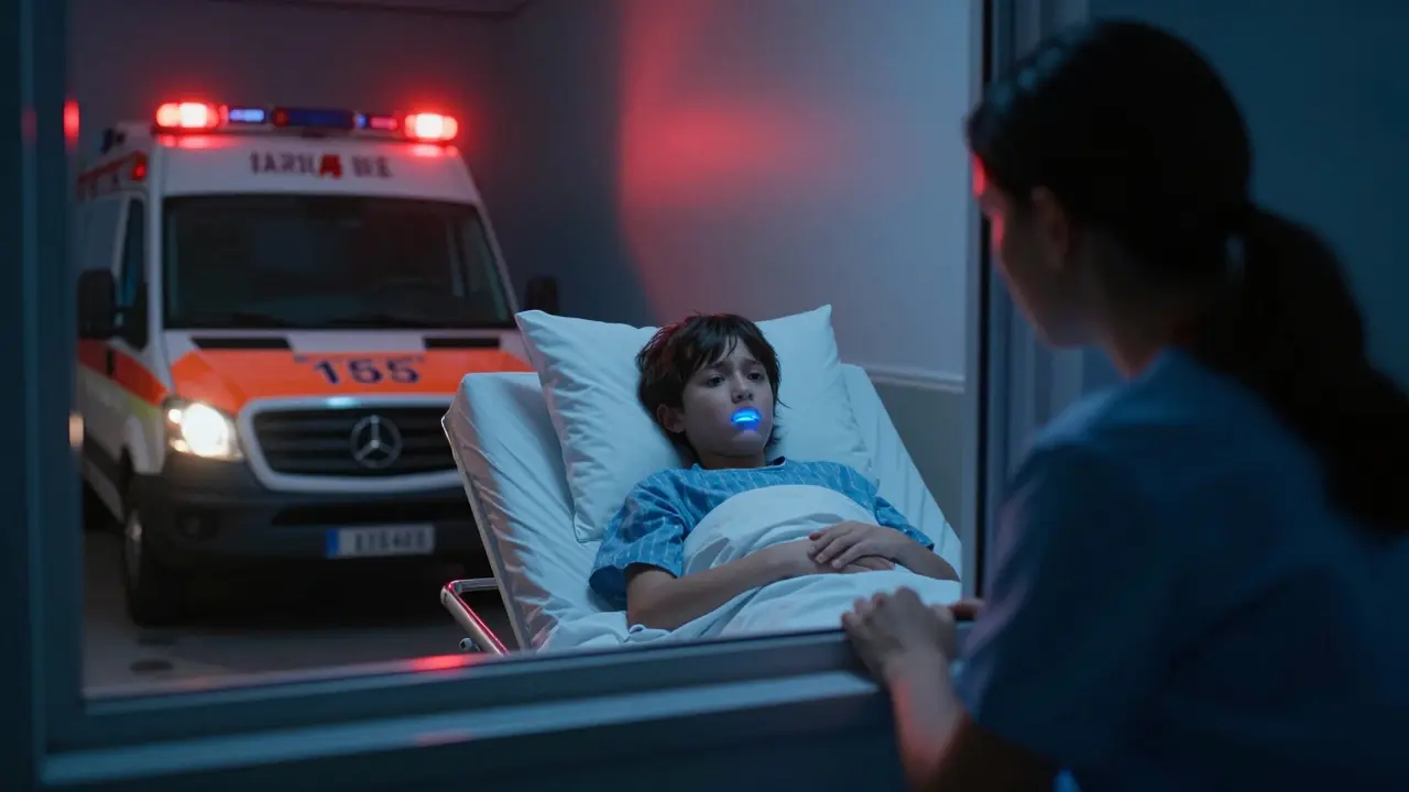 Dramatická scéna s příjezdem sanitky k nemocnému dítěti s vážnými příznaky
