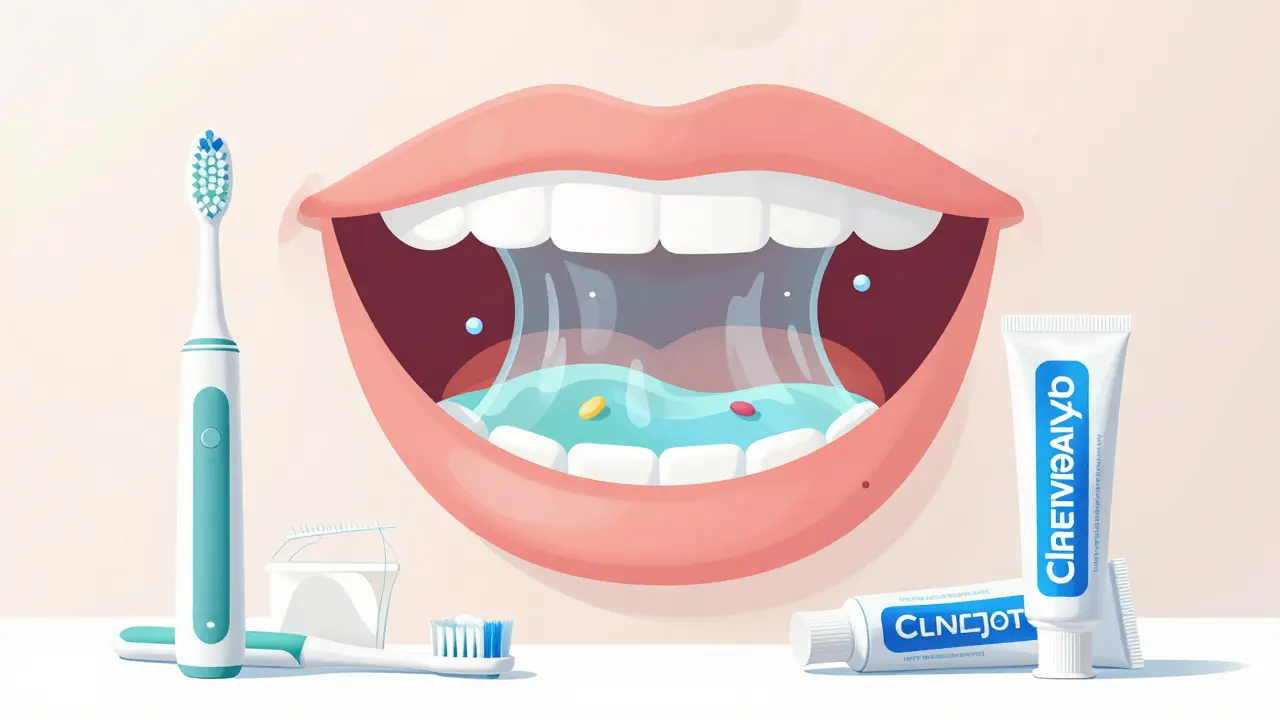 Ilustrace prevence zubního kazu pomocí slin a správné hygieny