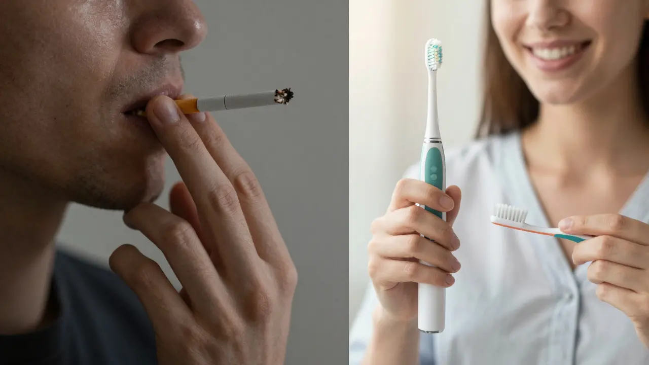 Kontrast kouření jako rizika a správné domácí hygieny pro zdraví dásní.