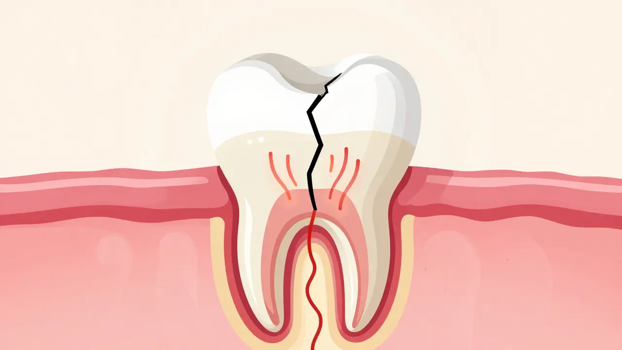 Schéma prasklého zubu ukazující bolestivý nerv a dentin